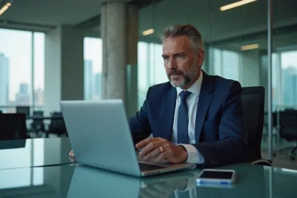 Homme d'affaires en costume navy dans un bureau moderne