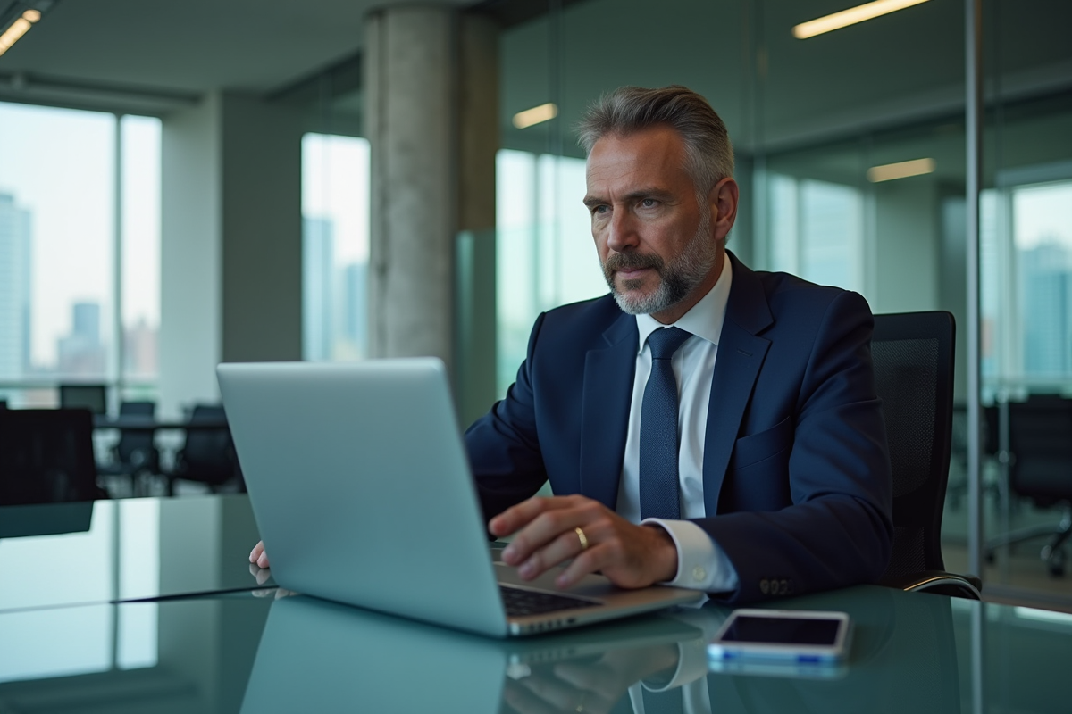 Homme d'affaires en costume navy dans un bureau moderne
