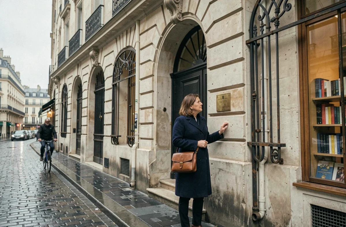 Façade historique du 2 Rue Vivienne à Paris avec son entrée en pierre de taille et passante observant la plaque de l'INHA