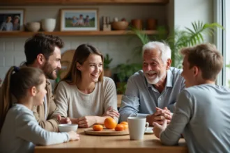 Famille diverse partageant un repas convivial dans la cuisine