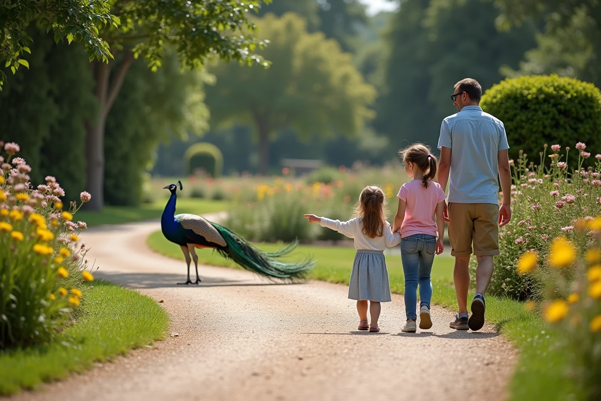 Famille avec enfants observant un paon dans le parc