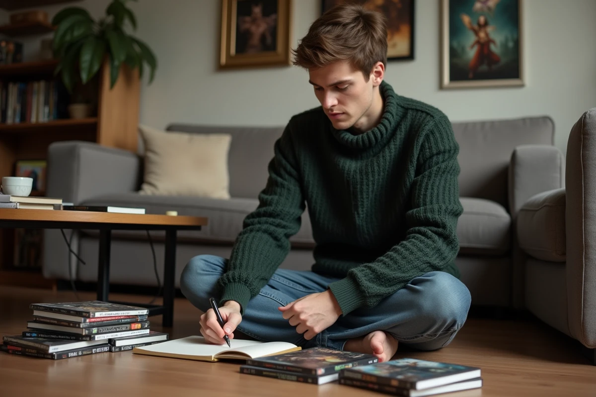 Jeune homme consultant une liste d'ordre de visionnage du Hobbit et du Seigneur des Anneaux entouré de DVDs et livres fantasy