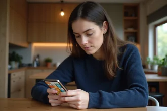 Femme jouant à 4 Images 1 Mot sur smartphone avec puzzle de 9 lettres