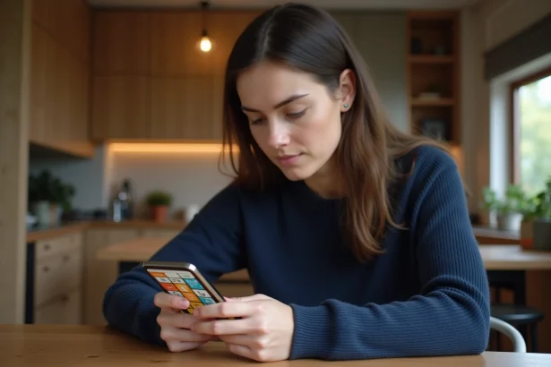 Femme jouant à 4 Images 1 Mot sur smartphone avec puzzle de 9 lettres