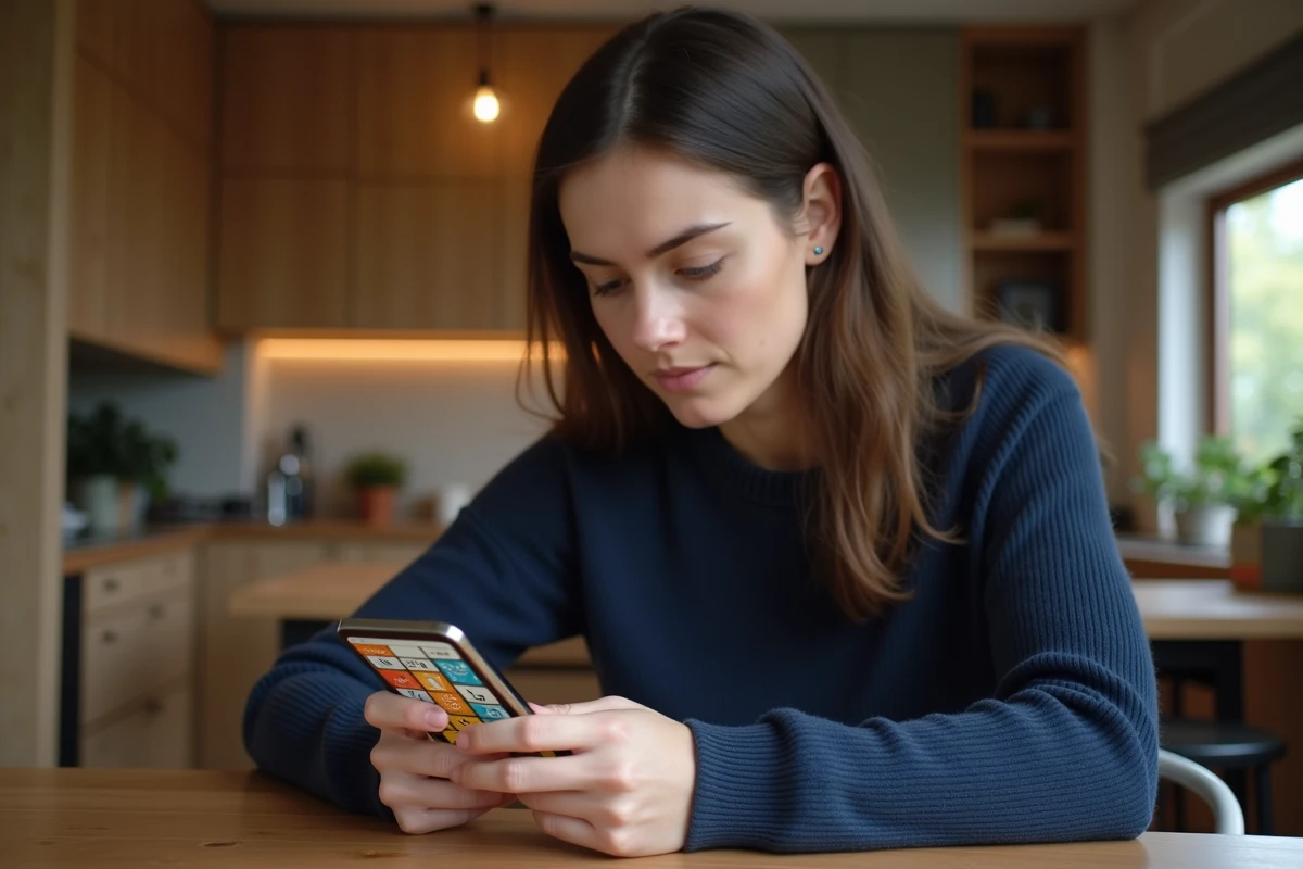 Femme jouant à 4 Images 1 Mot sur smartphone avec puzzle de 9 lettres