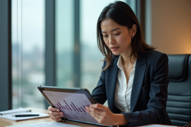 Femme professionnelle analysant un graphique sur tablette