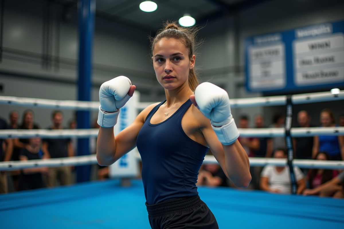 Femme boxeuse en position défensive dans un ring moderne