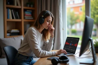 Femme concentrée sur son ordinateur dans un salon cosy