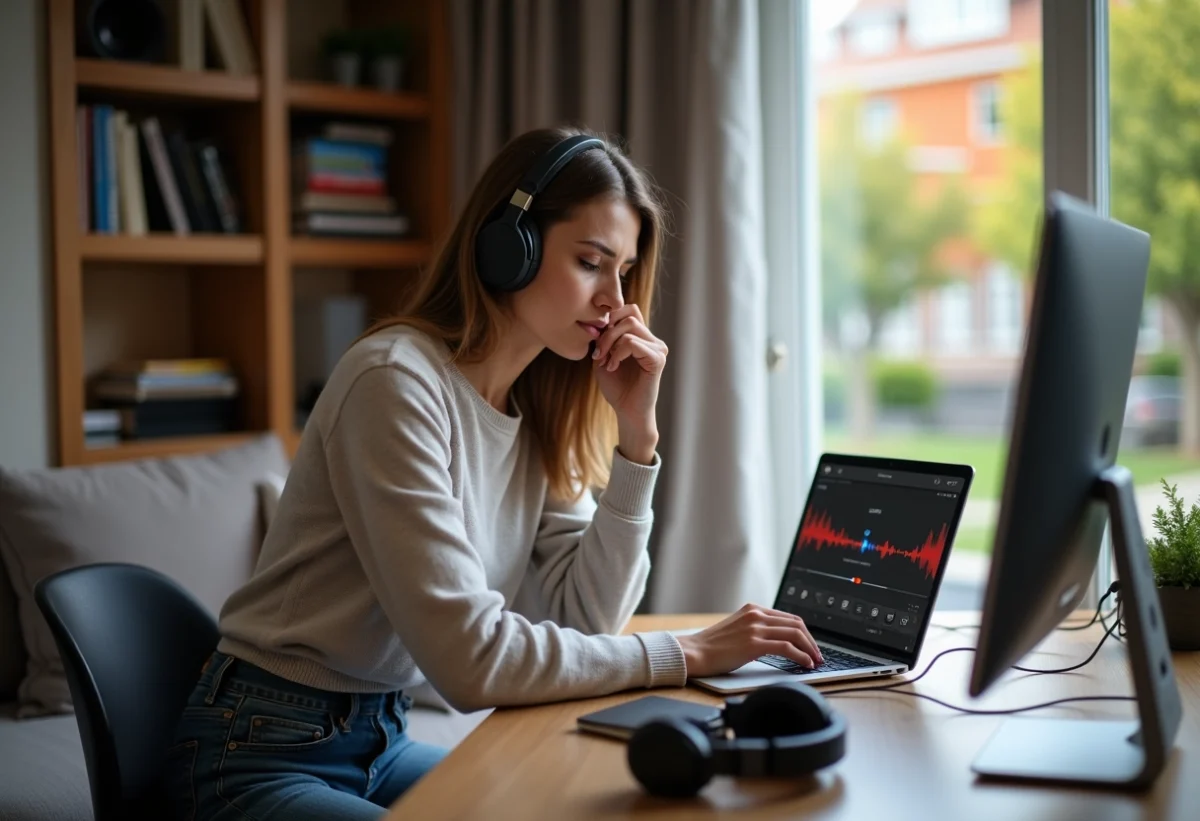 Femme concentrée sur son ordinateur dans un salon cosy
