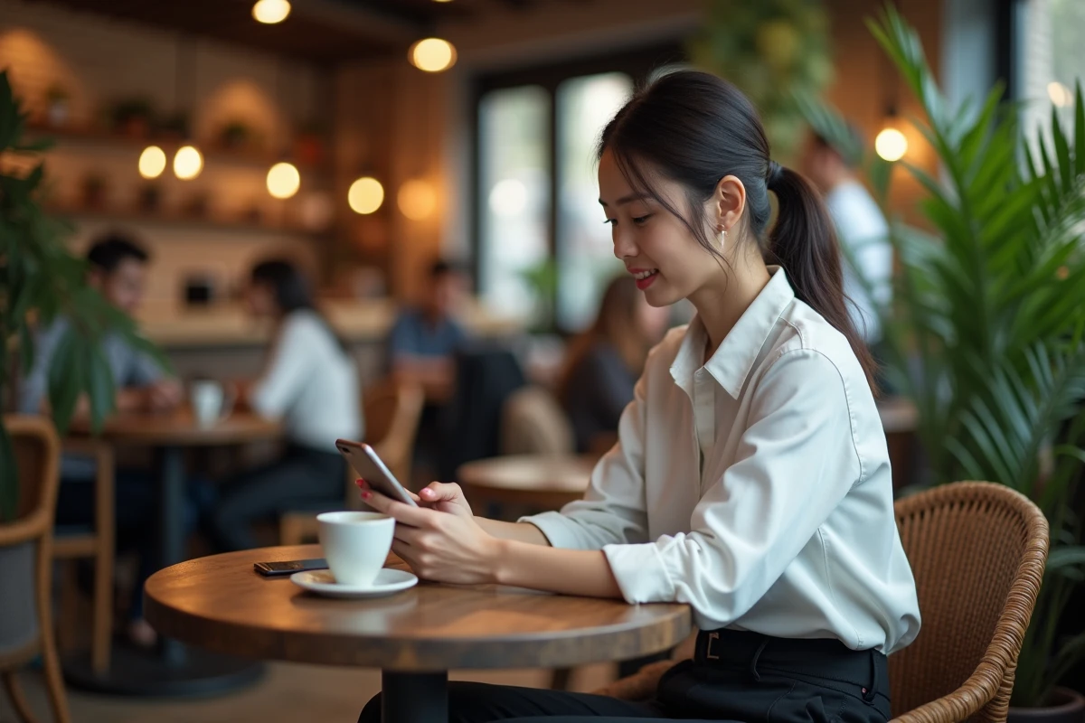Jeune femme lisant sur smartphone dans un café animé