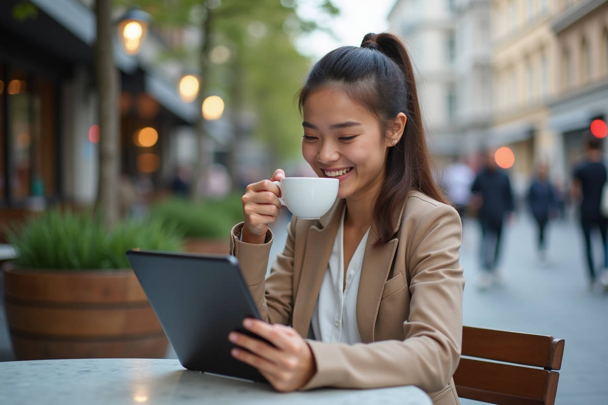 Jeune femme lisant des mises à jour financières au café