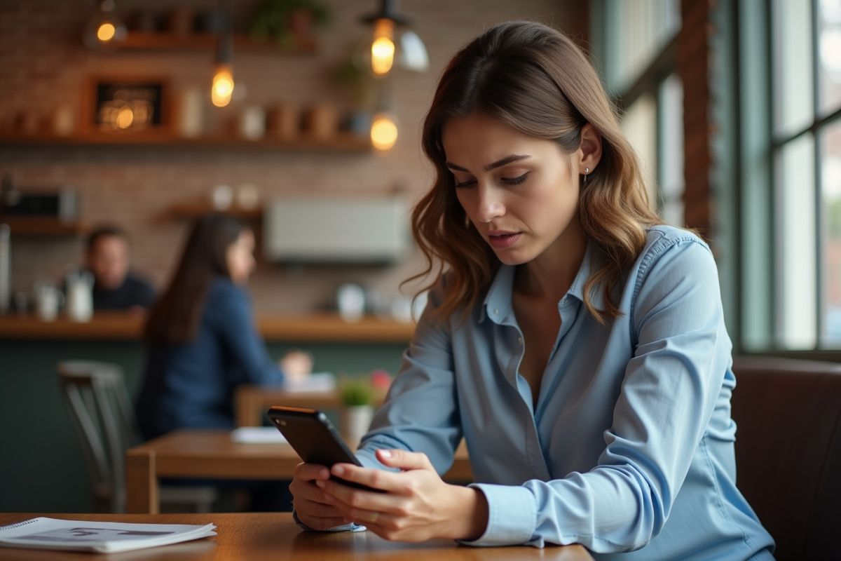 Femme au café regardant une notification de sécurité réseau