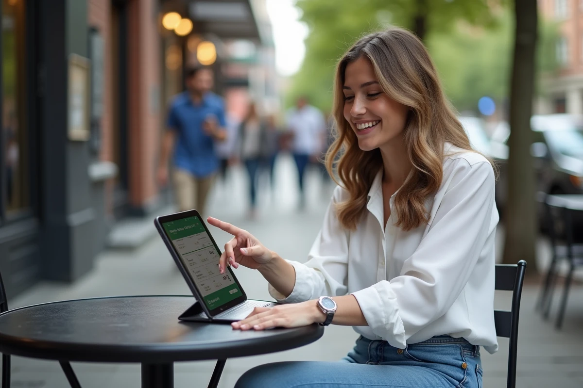 Jeune femme souriante analysant un rapport de gains au café