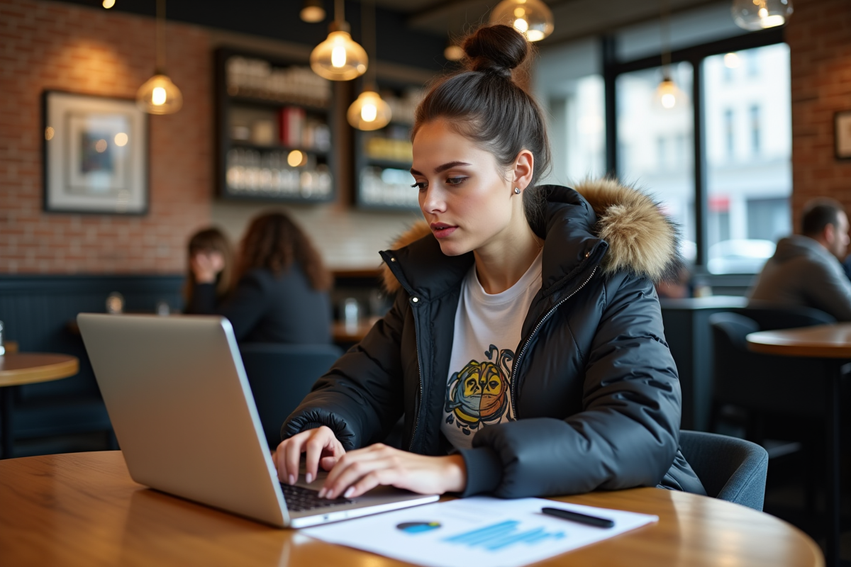 Femme travaillant sur un ordinateur dans un café