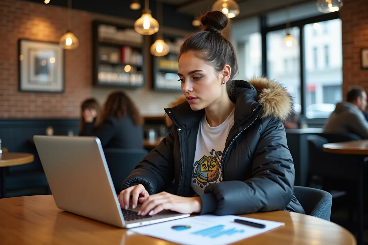 Femme travaillant sur un ordinateur dans un café