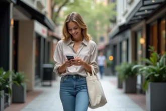 Femme élégante dans une rue urbaine chic avec sac en toile