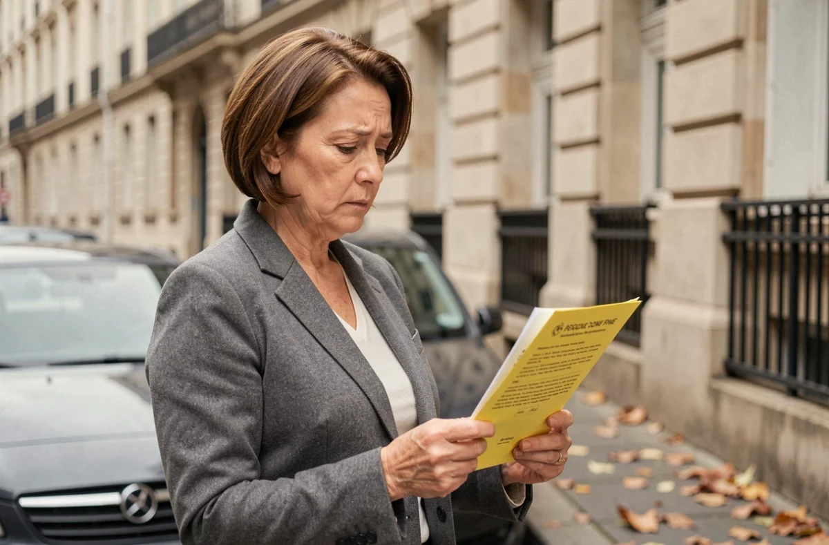 Une femme tenant un avis de contravention officiel dans une rue parisienne, illustrant les conséquences d'une contravention de 5e classe