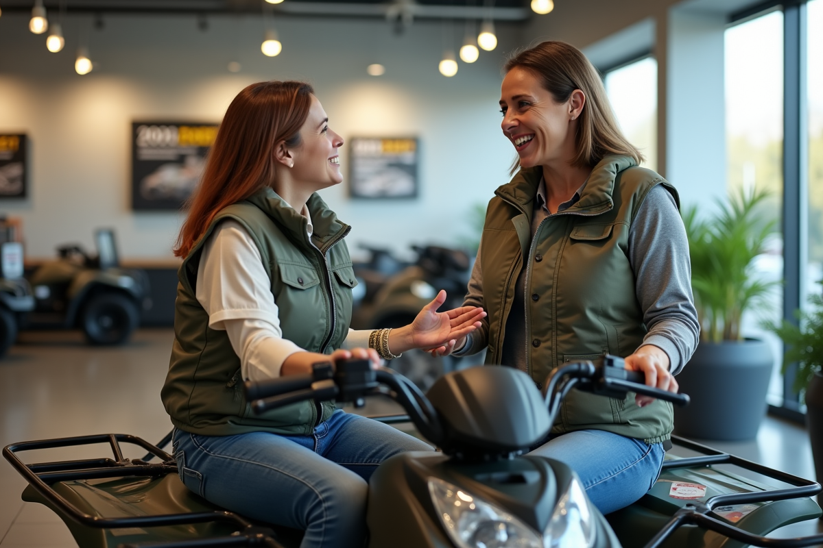 Femme discutant avec un vendeur à côté d’un quad en showroom