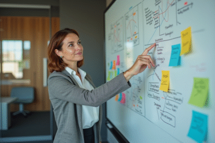 Femme d'affaires pointant un tableau blanc coloré