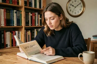 Jeune femme étudiant la conversion de l'heure anglaise en français avec un livre bilingue et une horloge murale affichant 22h00