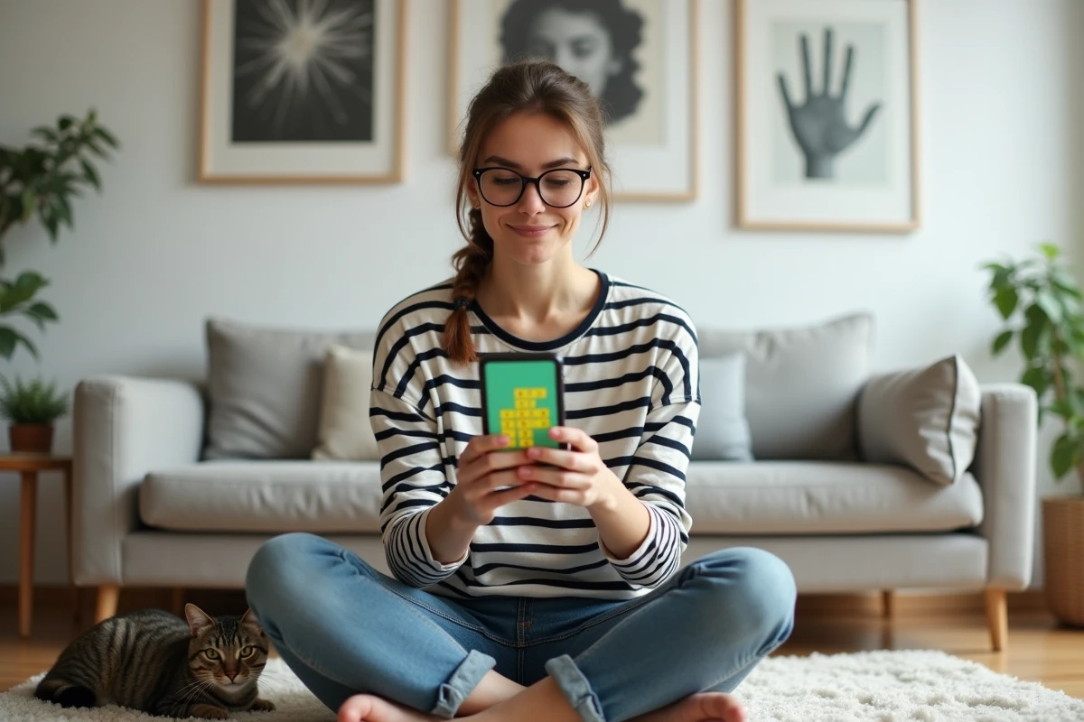 Jeune femme geek jouant à un jeu de mots pédant sur smartphone depuis son canapé avec son chat, ambiance minimaliste scandinave