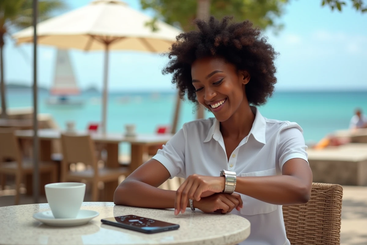 Femme guadeloupéenne souriante au café en extérieur