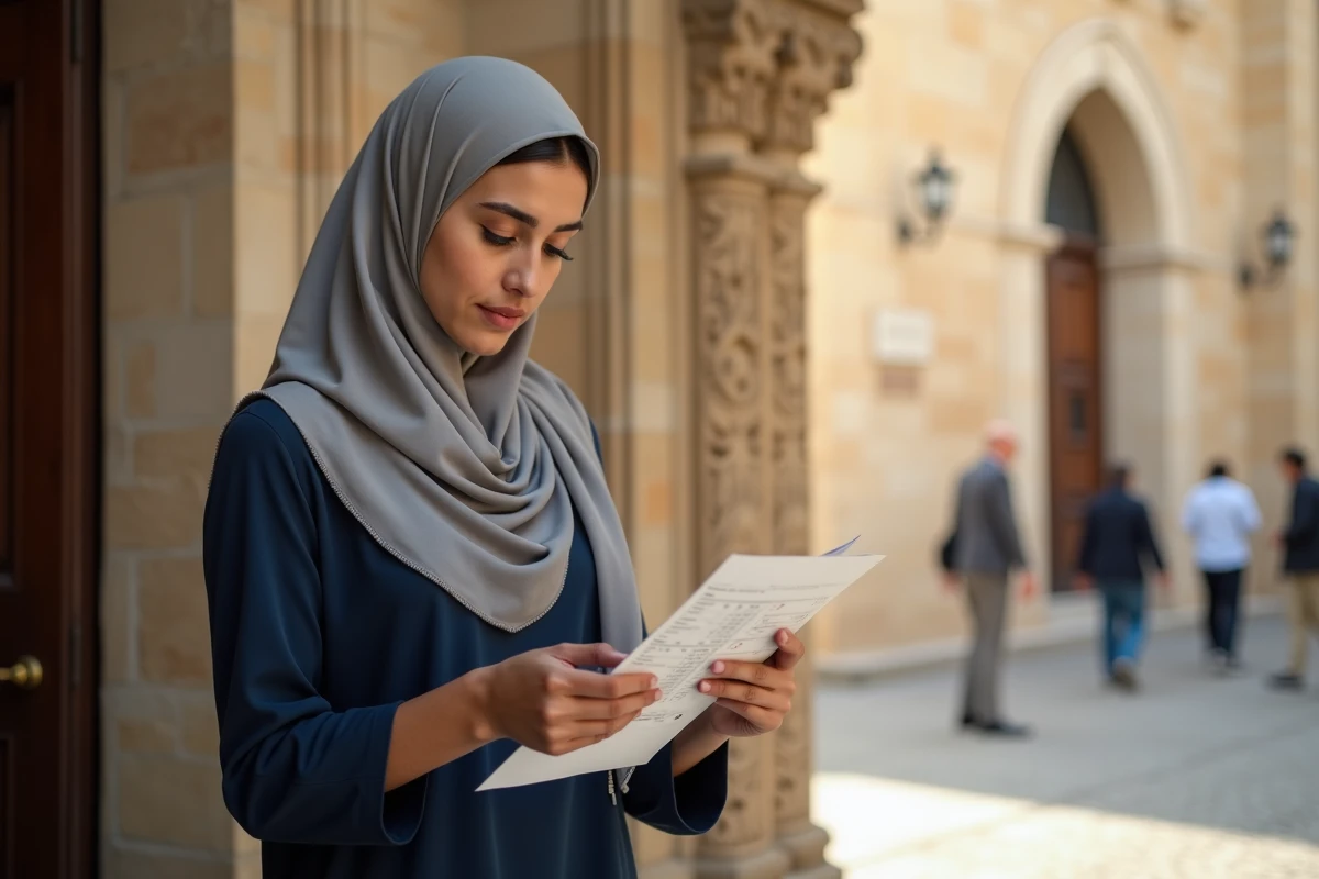 Jeune femme voilée consultant les horaires de prière devant une mosquée à Marseille