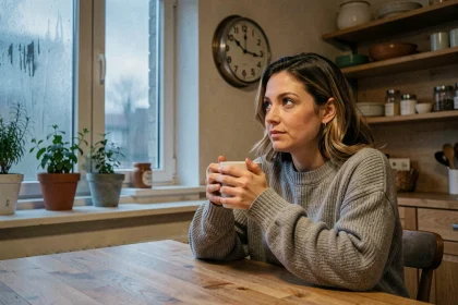 Femme contemplant une horloge affichant 05h55 dans une cuisine cosy au lever du jour, symbolisant la signification de cette heure miroir en amour