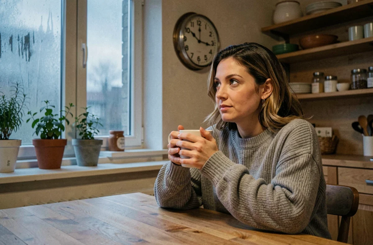 Femme contemplant une horloge affichant 05h55 dans une cuisine cosy au lever du jour, symbolisant la signification de cette heure miroir en amour