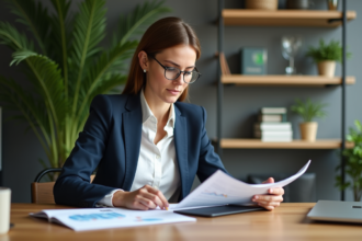 Femme d'affaires analyse rapports d'investissement durable