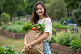 Jeune femme en vêtements écologiques dans un jardin communautaire
