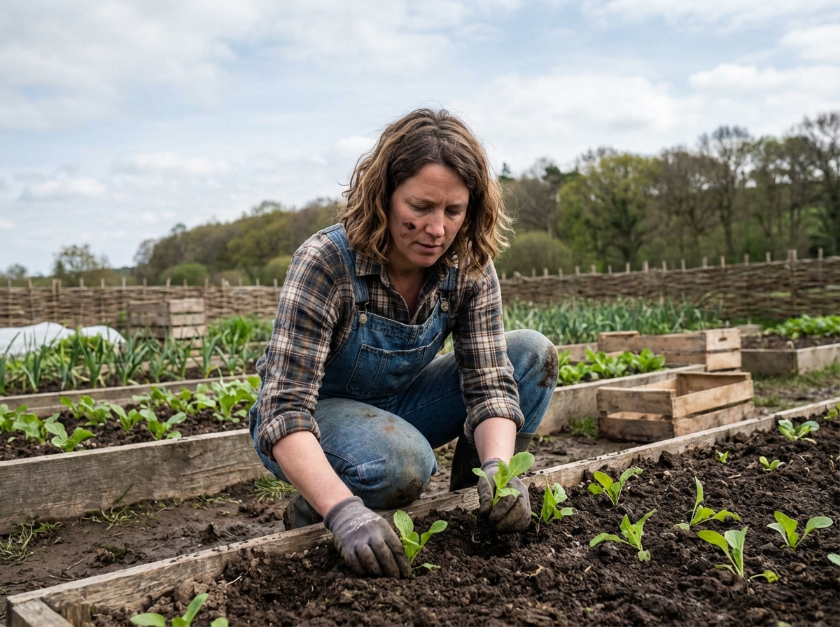 Femme transplantant des plants dans un champ en Vendée