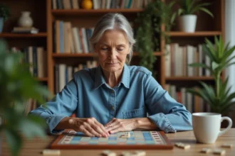 Femme d'âge moyen jouant au Scrabble dans un salon chaleureux