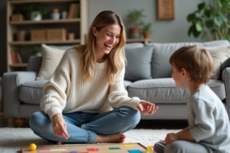 Femme souriante jouant avec un enfant autour de jeux de société