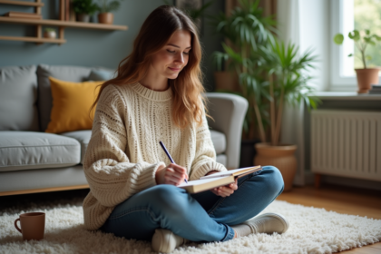 Femme en train de journal dans un salon cosy et lumineux