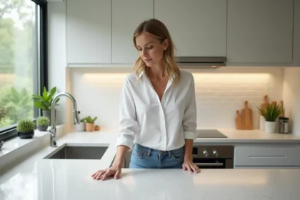 Femme touchant un plan de travail Silestone moderne