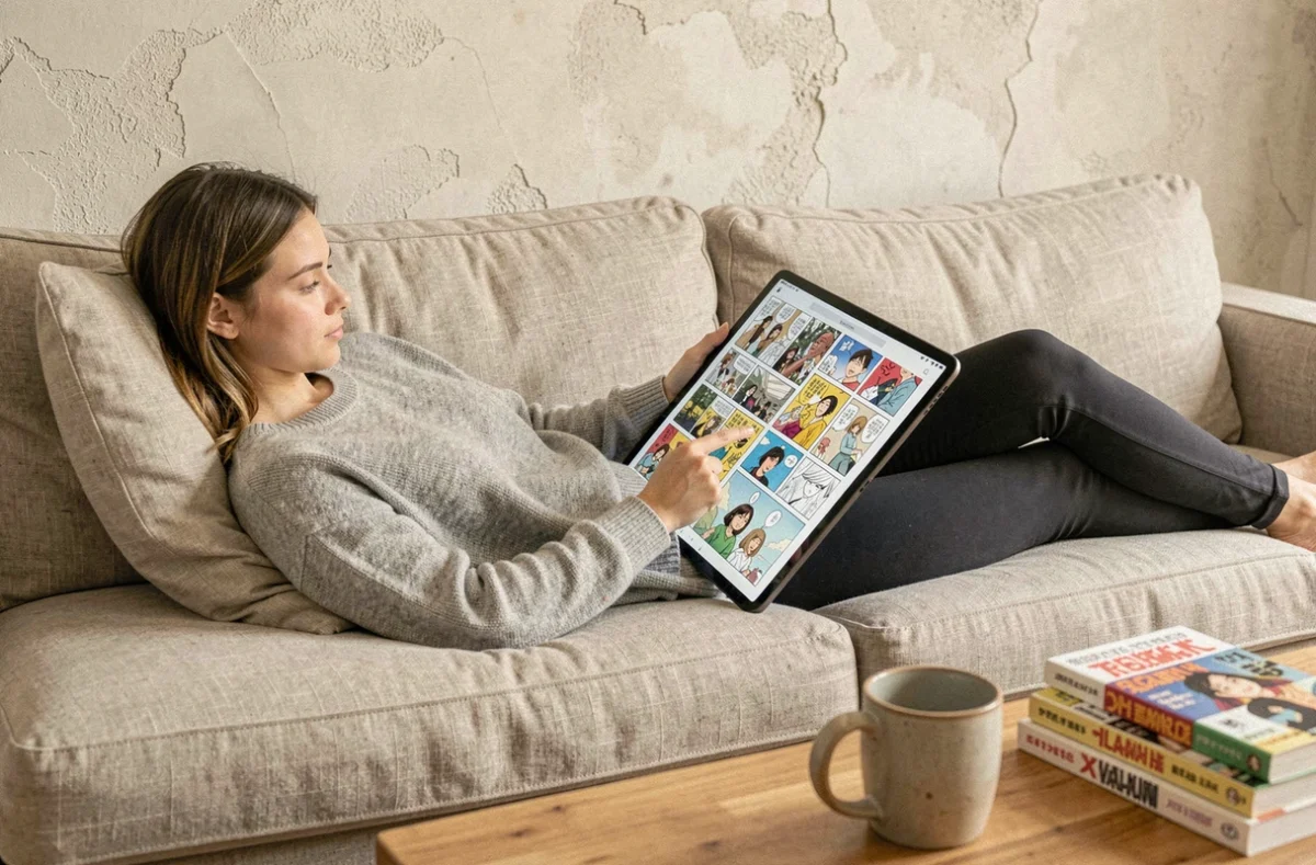 Jeune femme lisant des scans manga Demon Slayer sur une tablette confortablement installée dans un salon moderne