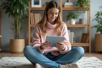 Femme souriante avec tablette dans un salon cosy
