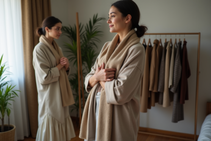 Femme élégante se regardant dans un miroir avec une écharpe tendance
