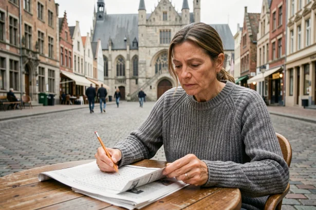 Femme résolvant des mots croisés dans un café de ville belge avec architecture flamande en arrière-plan