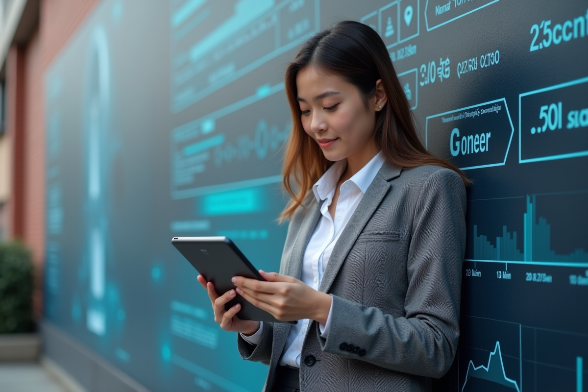 Jeune femme devant un mur urbain avec des symboles de données numériques