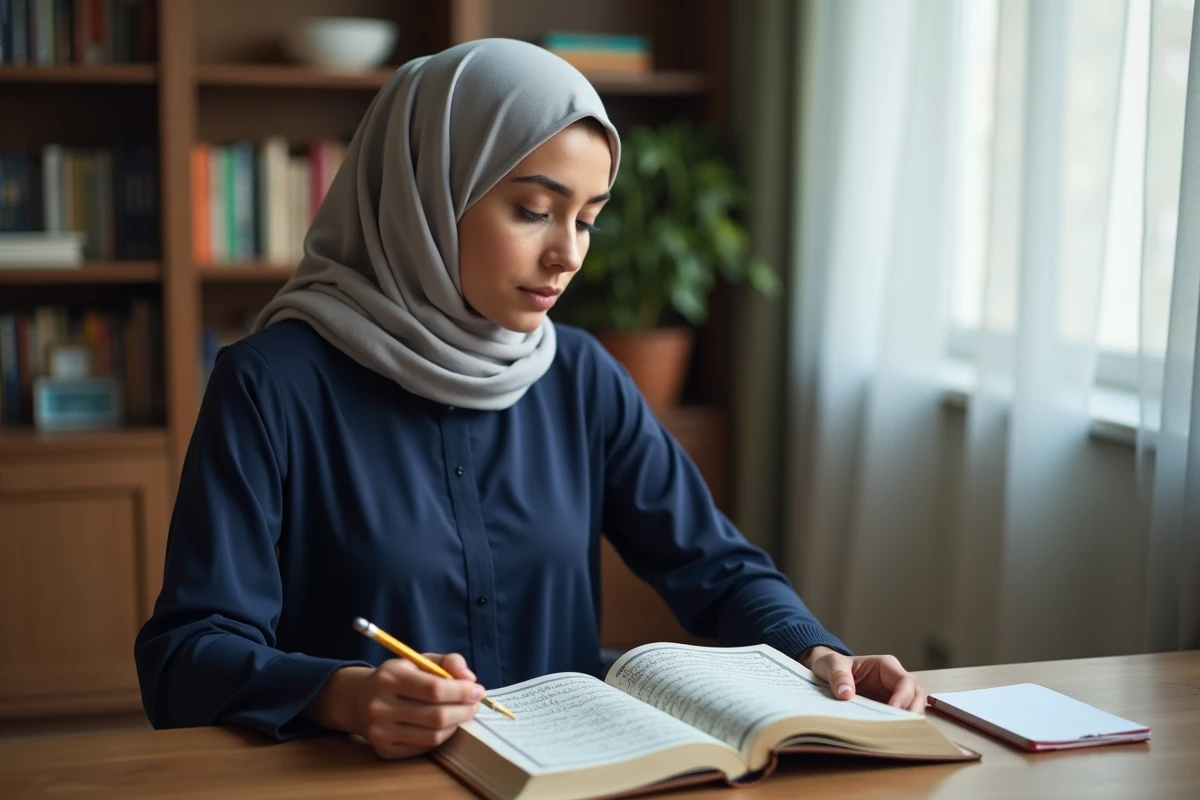 Jeune femme musulmane étudiant la traduction française de la sourat Al Kahf dans un Coran bilingue arabe-français à son bureau