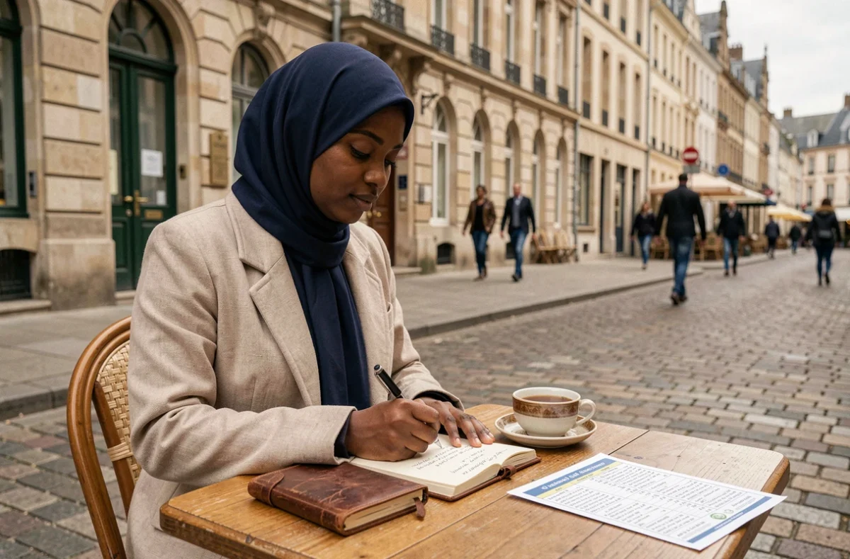Jeune femme musulmane notant les horaires de prière selon son madhhab dans un café à Nantes