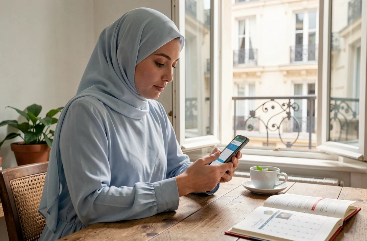 Jeune femme musulmane vérifiant les horaires de prière sur son téléphone à Orléans, avec un calendrier islamique ouvert sur le bureau