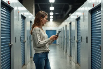 Femme en jeans examine des options de rangement dans un centre selfstorage
