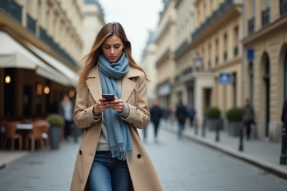 Femme élégante marchant dans Paris avec trench beige