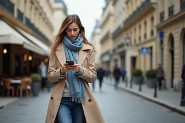 Femme élégante marchant dans Paris avec trench beige