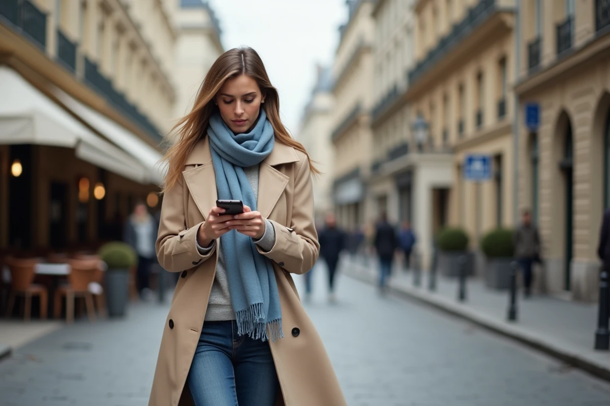 Femme élégante marchant dans Paris avec trench beige