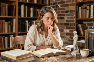 Femme philosophe pensive assise à un bureau entouré de livres de philosophie et d'une sculpture classique, illustrant la réflexion sur l'art en philosophie