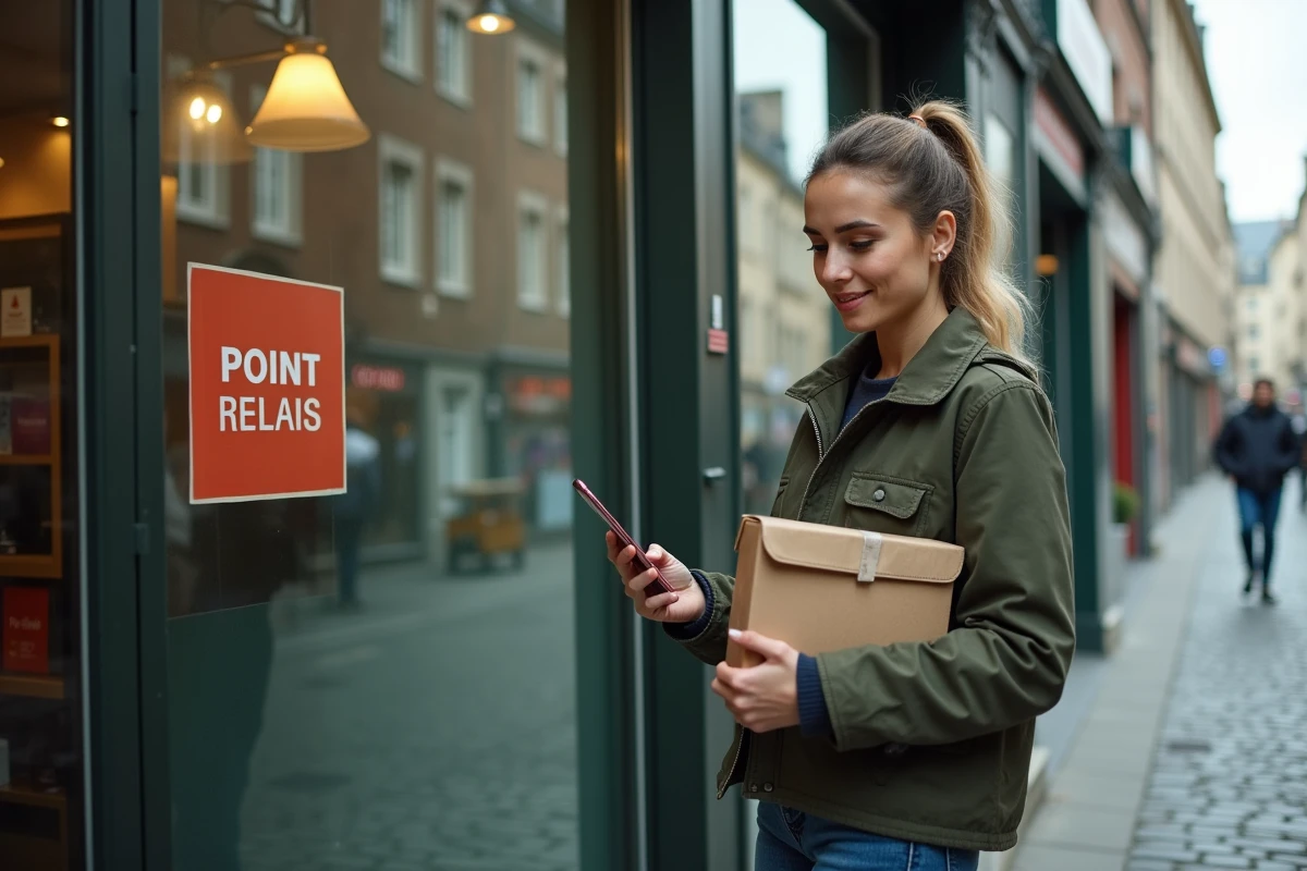 Jeune femme devant un point relais LP Collect vérifiant le statut de son colis sur son téléphone
